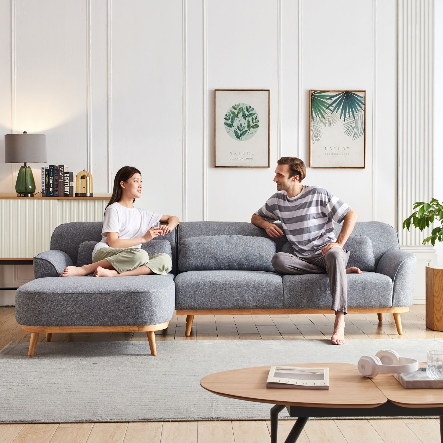 Solid Wood Sectional Sofa Valyou Furniture Grey Facing Left