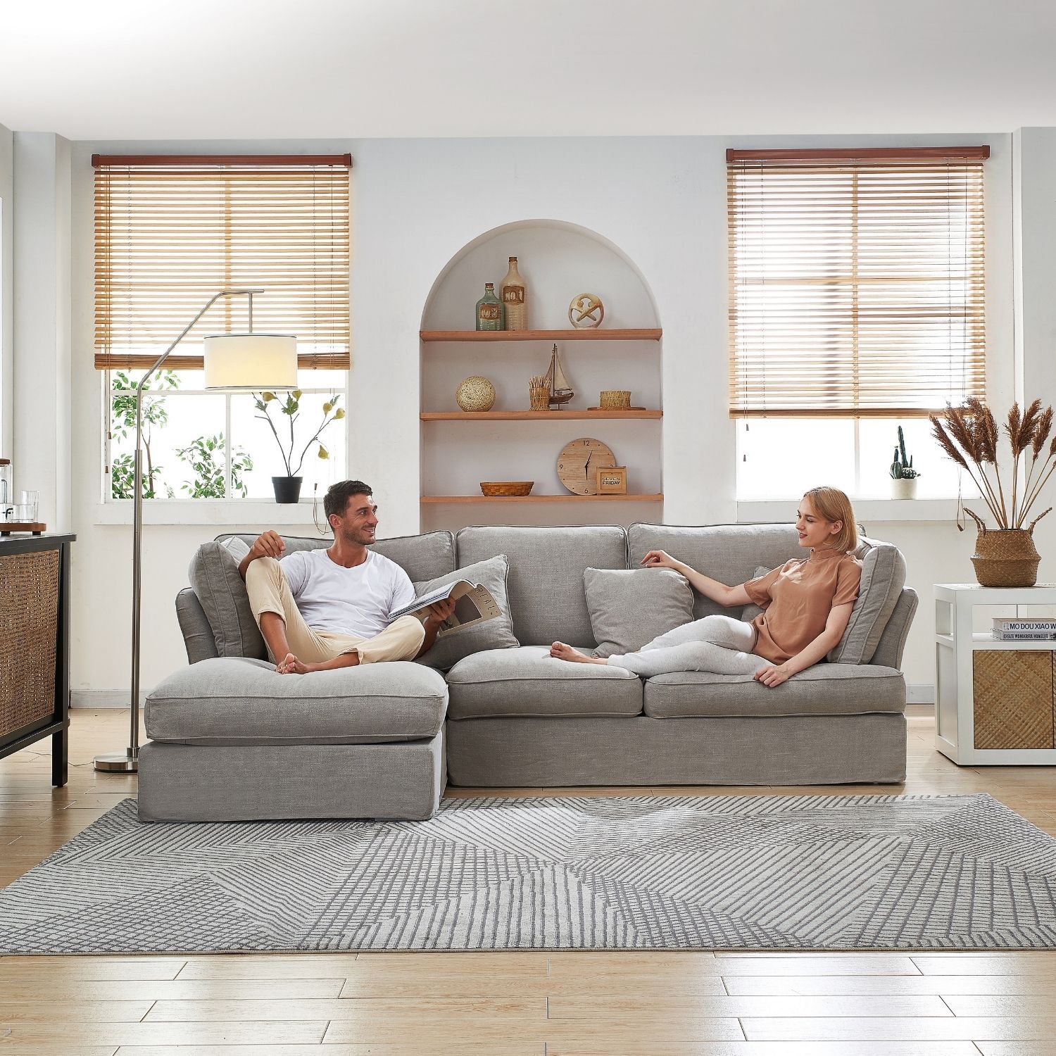 Chubby Sectional Sofa Lemons & Me 105 Inch Grey Linen Facing Left