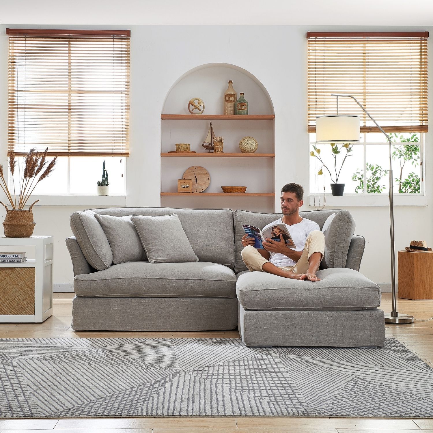 Chubby Sectional Sofa Lemons & Me 90 Inch Grey Linen Facing Right