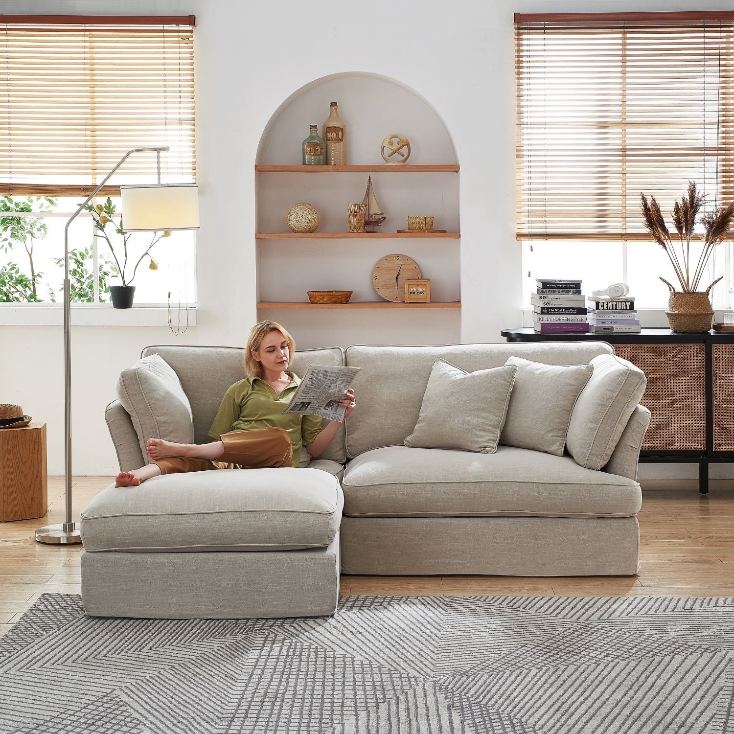 Chubby Sectional Sofa Lemons & Me 90 Inch Sand Linen Facing Left