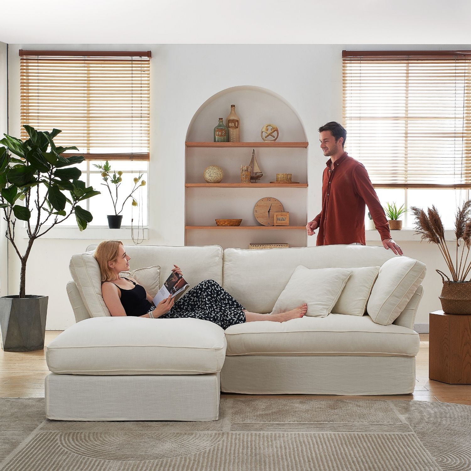 Chubby Sectional Sofa Lemons & Me 90 Inch White Linen Facing Left