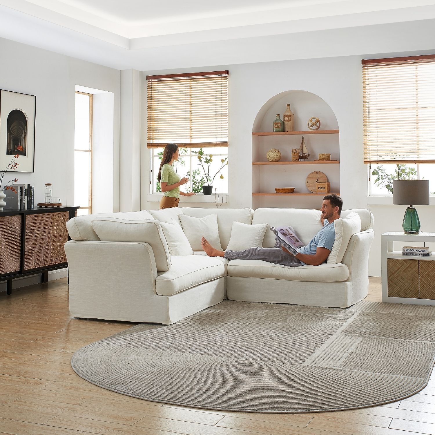 Chubby L Lounge Sofa Lemons & Me White Linen 90 Inch