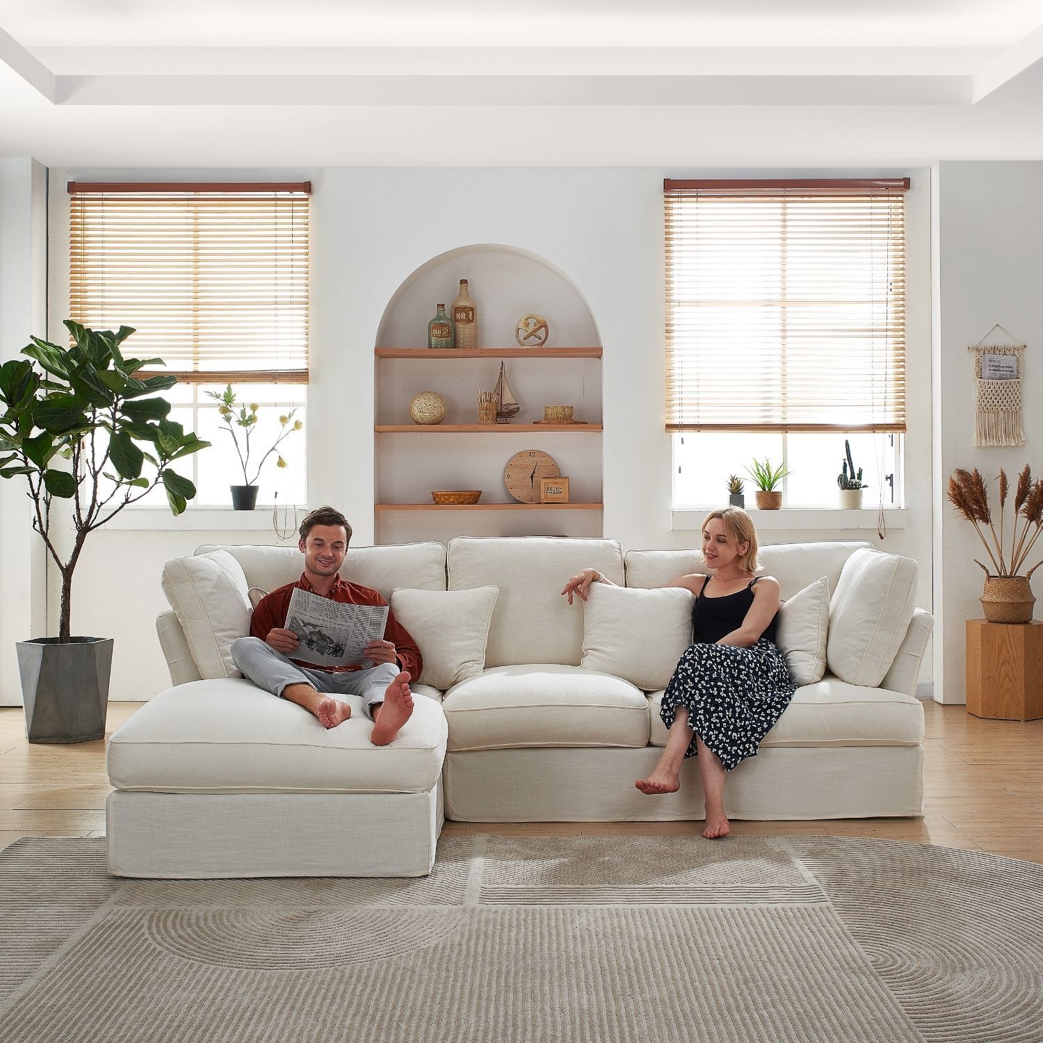 Chubby Sectional Sofa Lemons & Me 105 Inch White Linen Facing Left