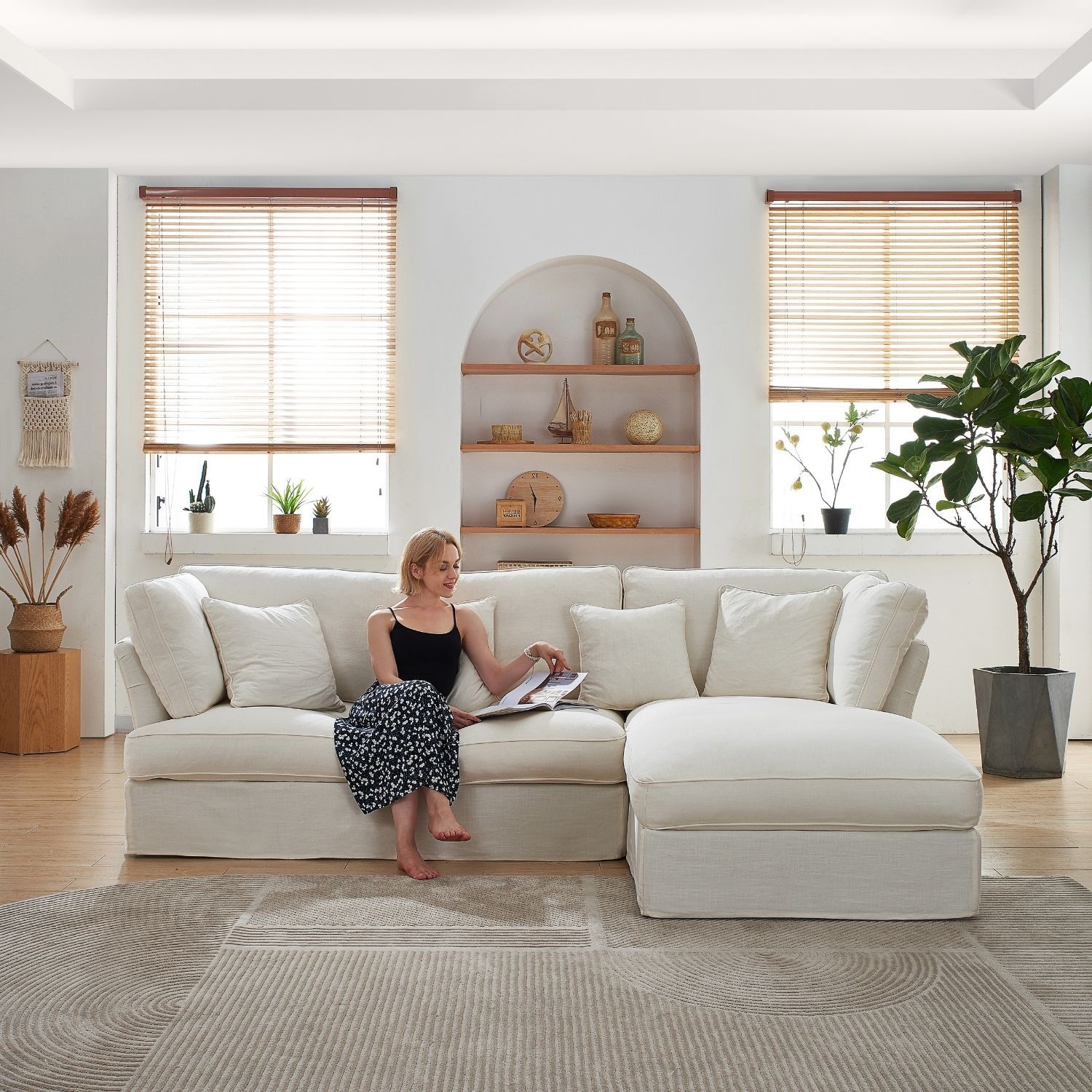 Chubby Sectional Sofa Lemons & Me 105 Inch White Linen Facing Right
