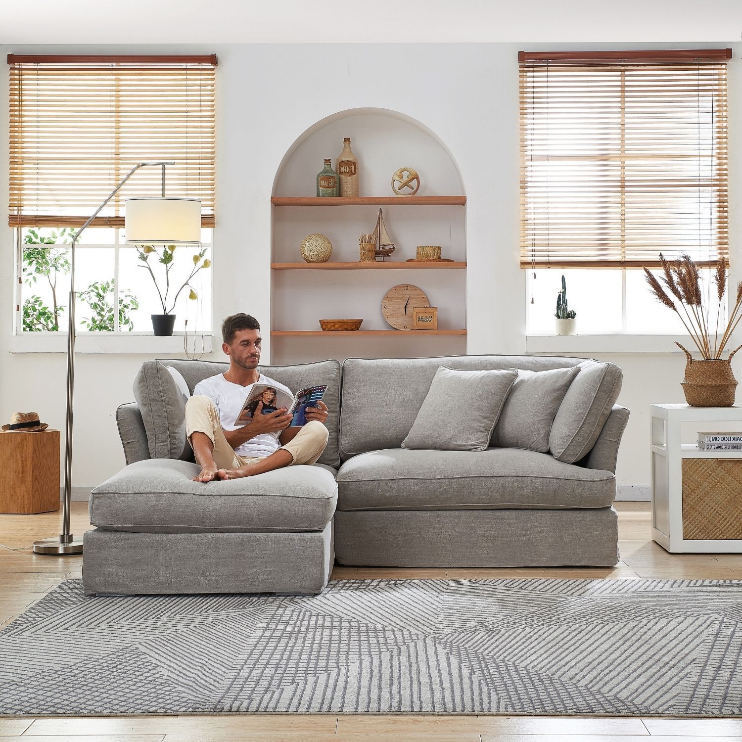 Chubby Sectional Sofa Lemons & Me 90 Inch Grey Linen Facing Left