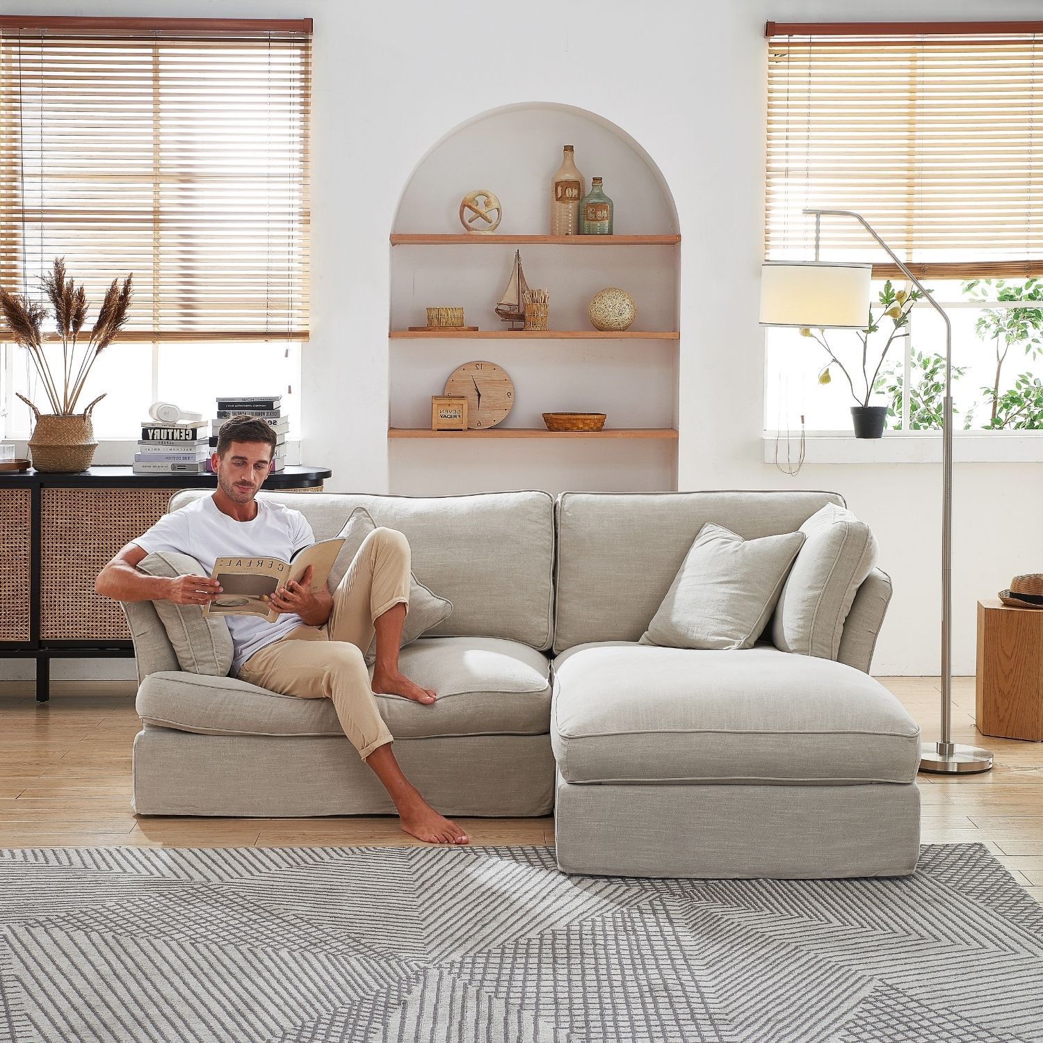 Chubby Sectional Sofa Lemons & Me 90 Inch Sand Linen Facing Right