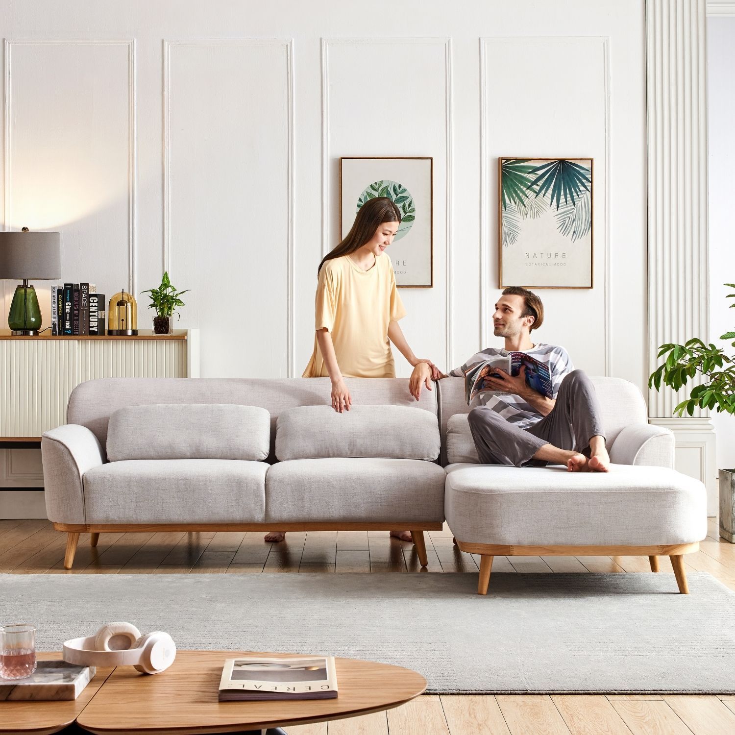 Solid Wood Sectional Sofa Valyou Furniture Beige Facing Right